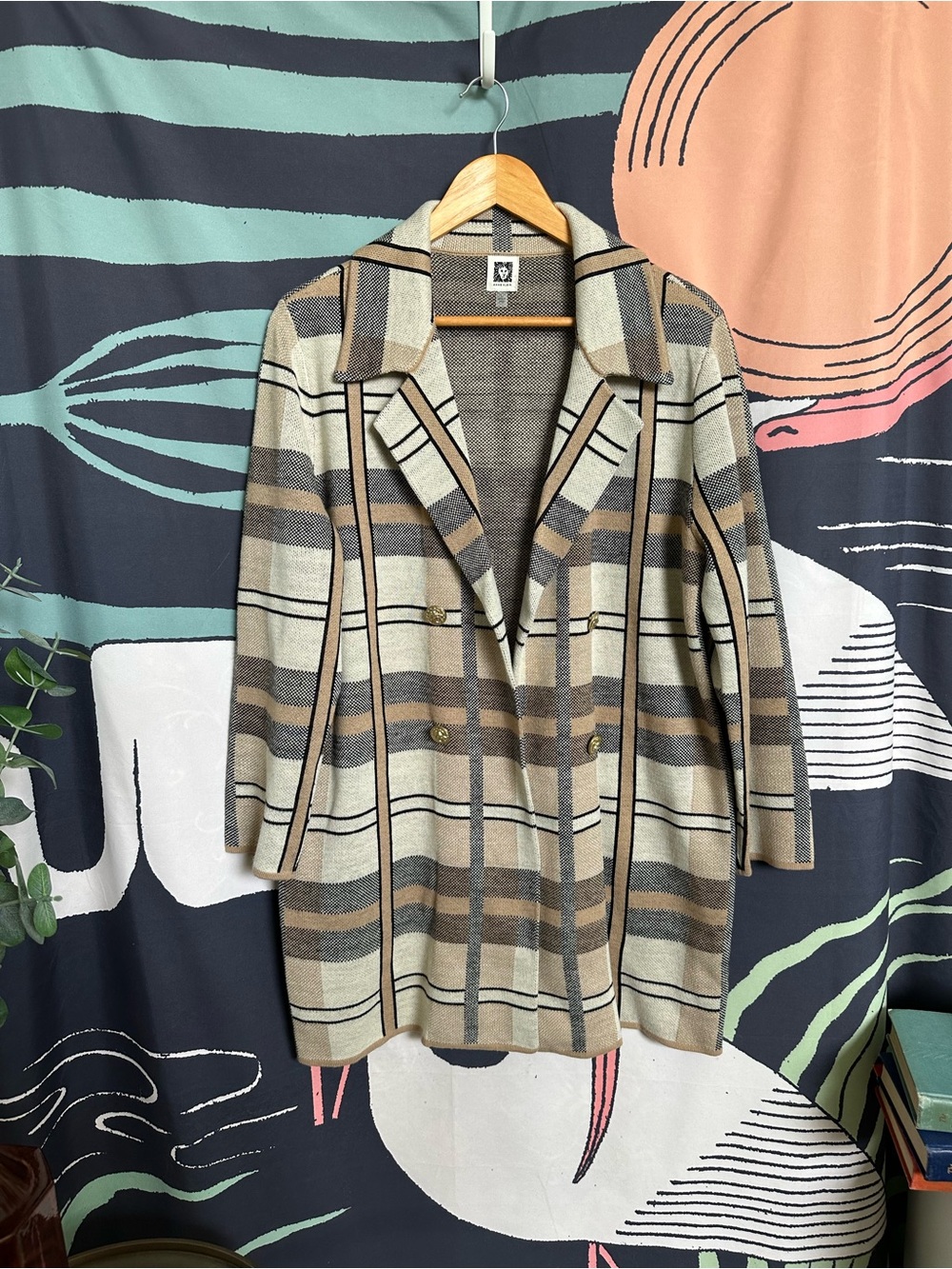 Anne Klein Gray and Beige Striped Knit Open Cardigan